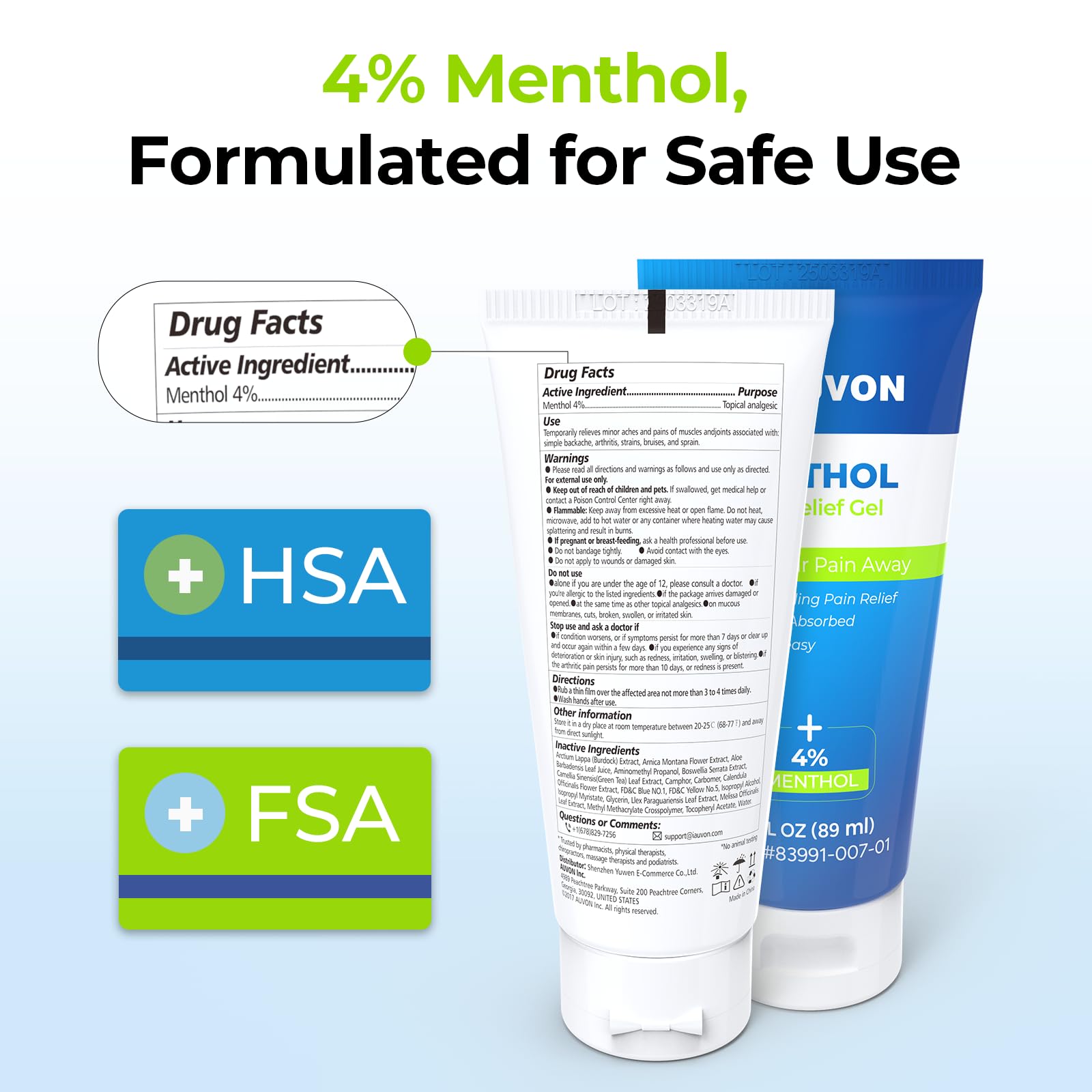 AUVON Gel menthol – application sur l'épaule pour douleurs.