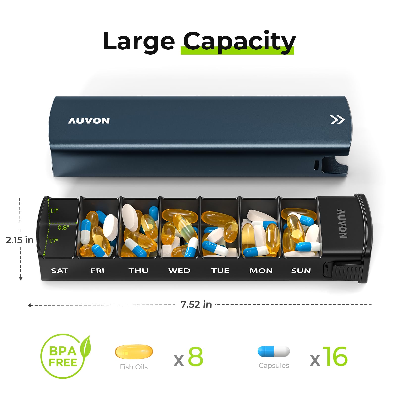 Organiseur de pilules portable AUVON: compact et sûr pour votre sac.