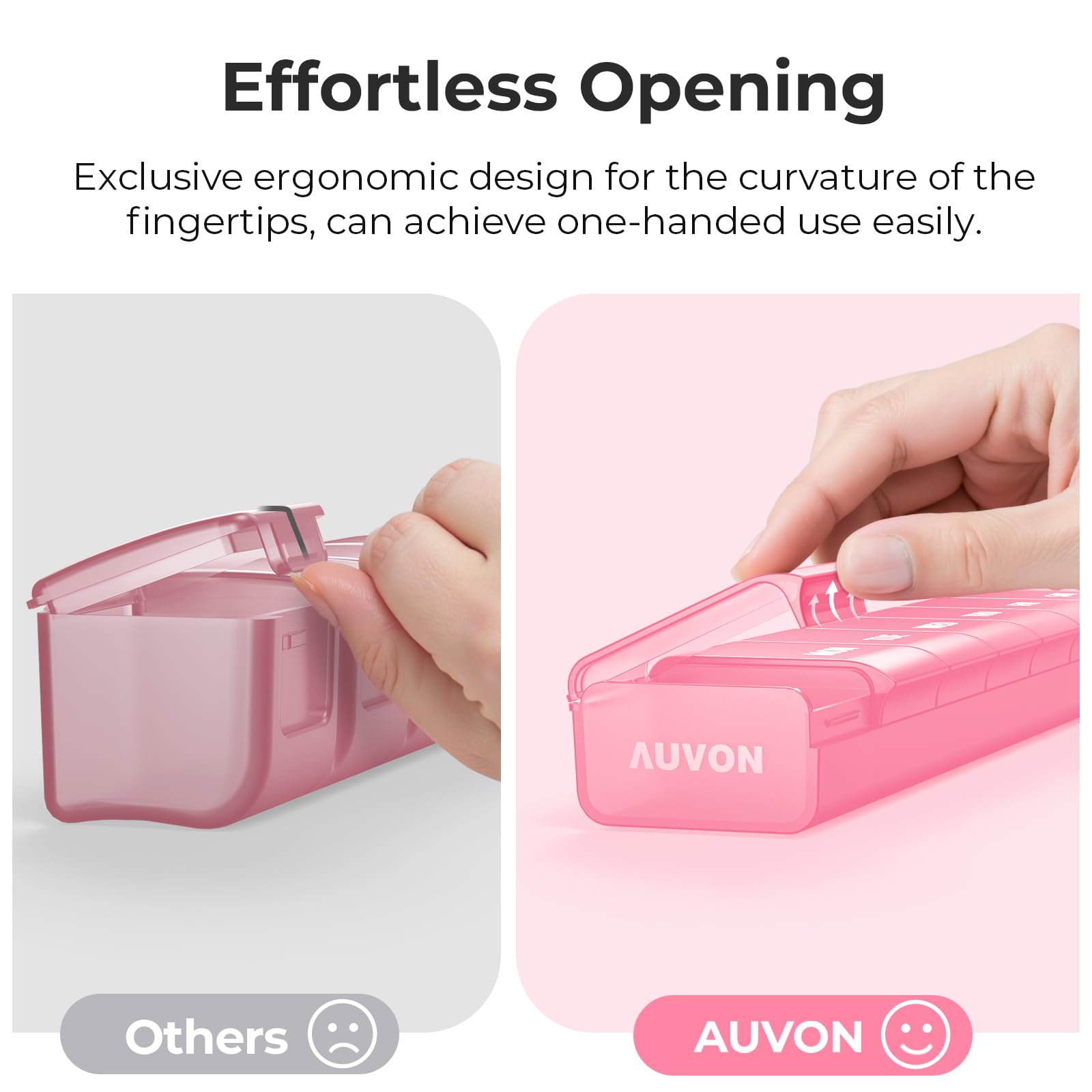 AUVON pilulier – charnières robustes et durables pour une utilisation longue.