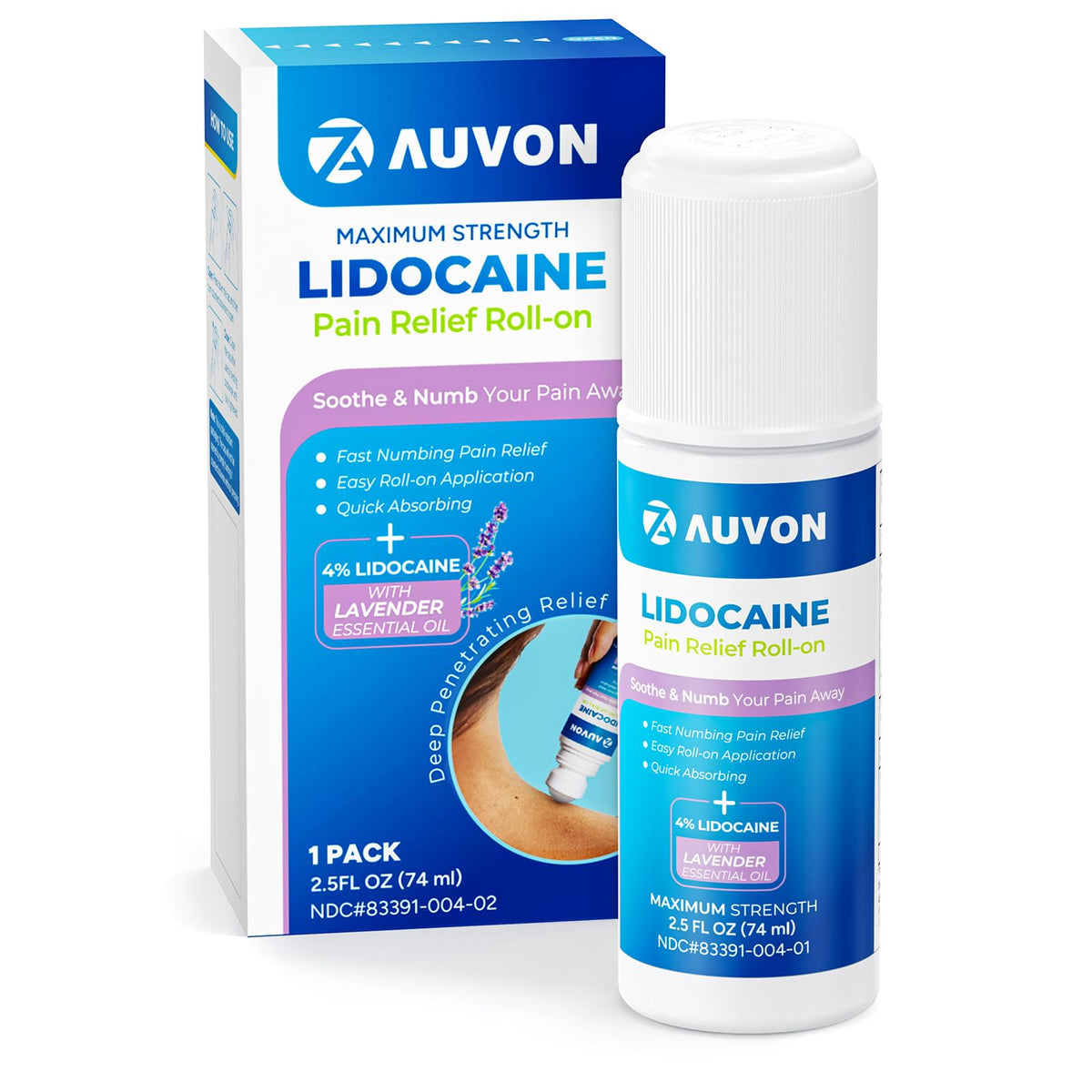 AUVON roll-on lidocaïne 4% lavande – démonstration de la bouteille et son format pratique.