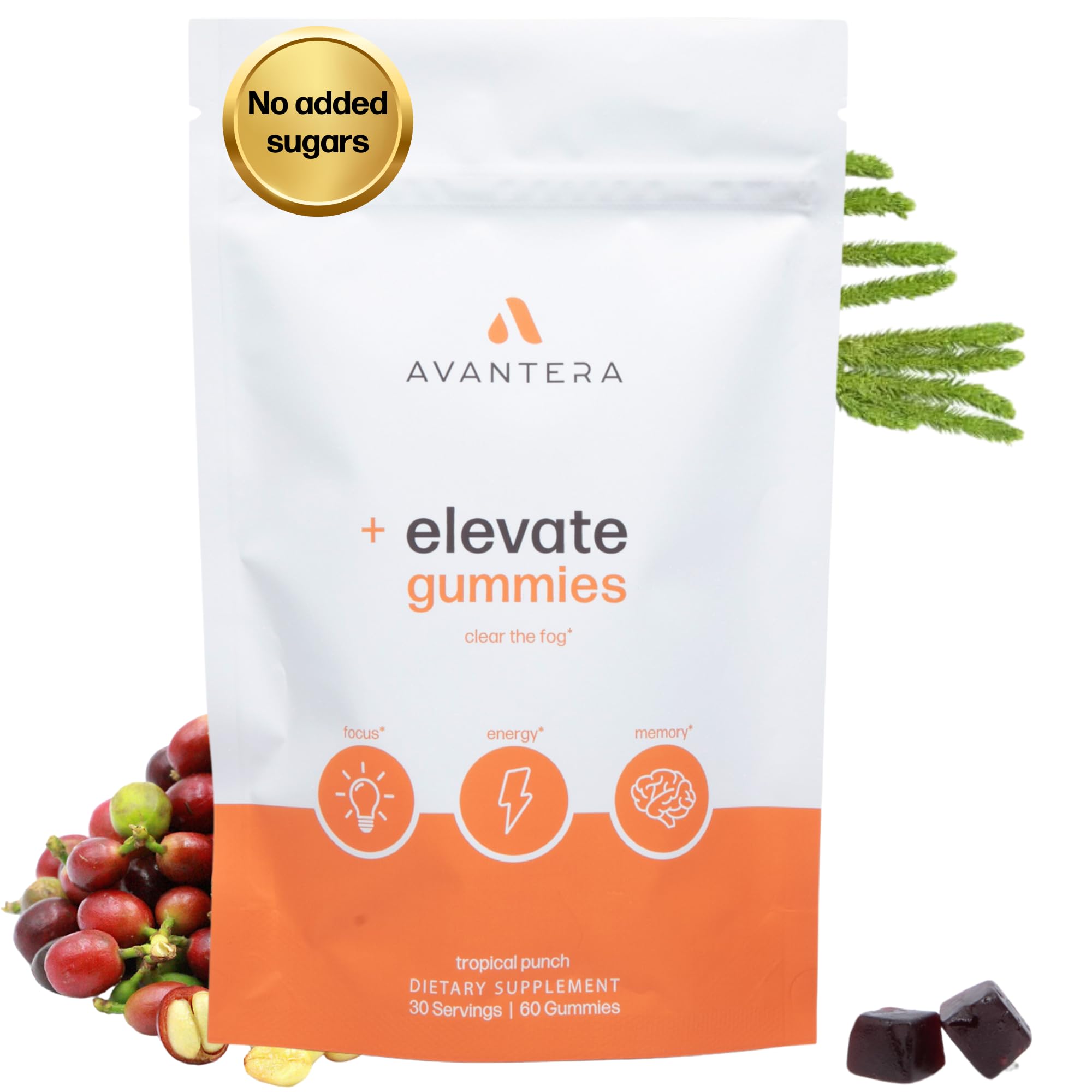 Avantera Elevate gommes – bouteille sur table, soutien potentiel à la concentration.