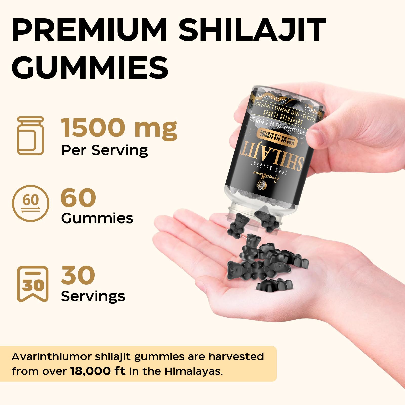 Gommes Shilajit Avarinthiumor Ashwagandha 4-en-1, énergie et équilibre potentiels.