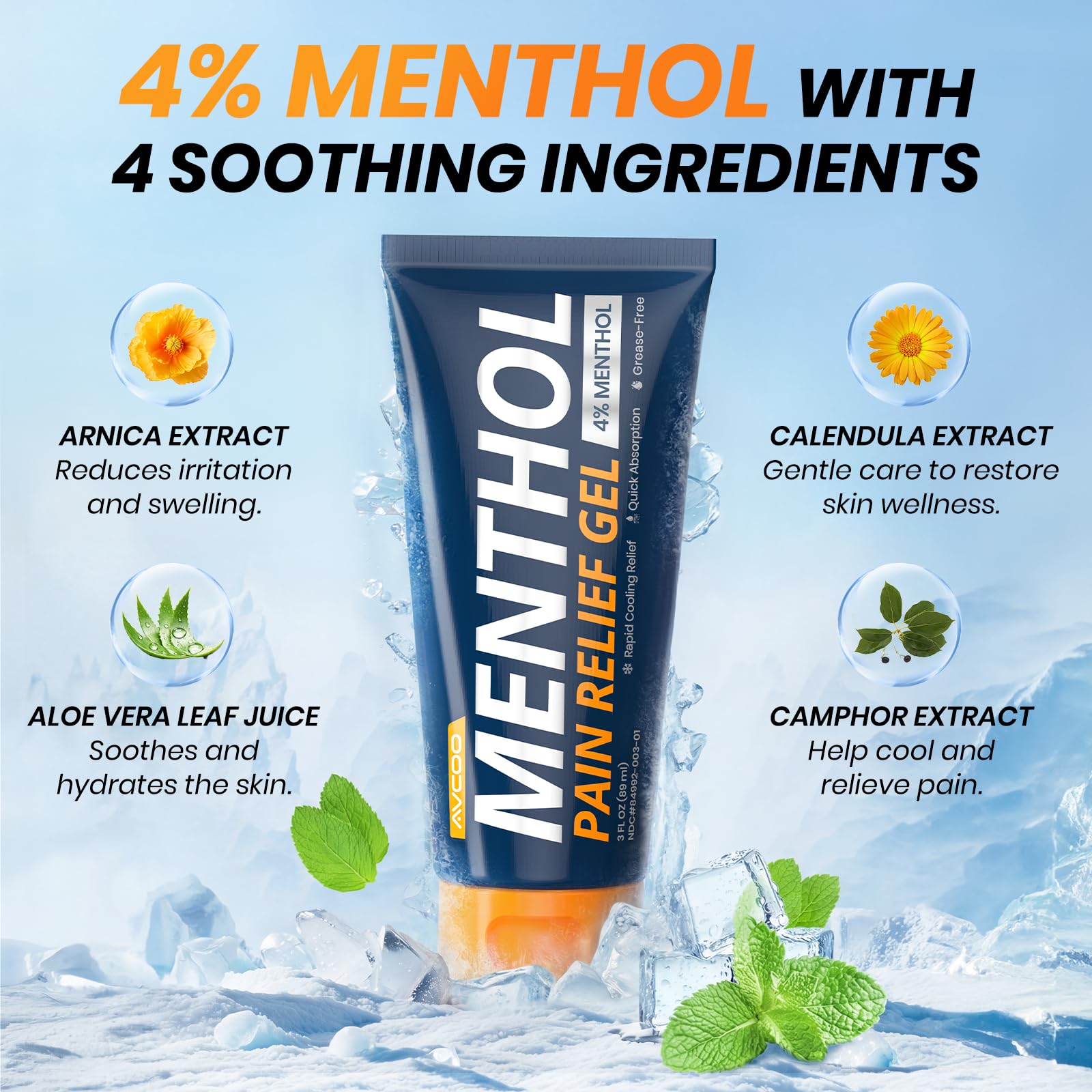 AVCOO Gel Menthol 4% - absorption rapide sans graisse pour usage quotidien.