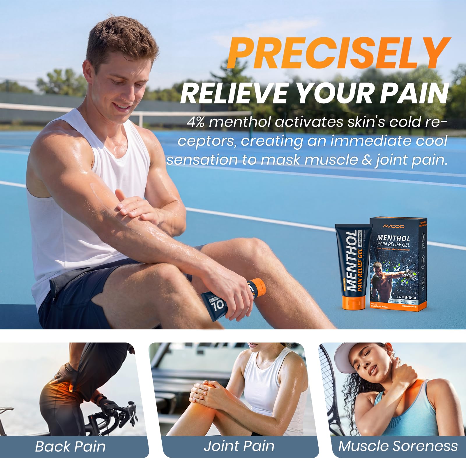 AVCOO Gel Menthol 4% - application facile pour muscles et articulations douloureuses.