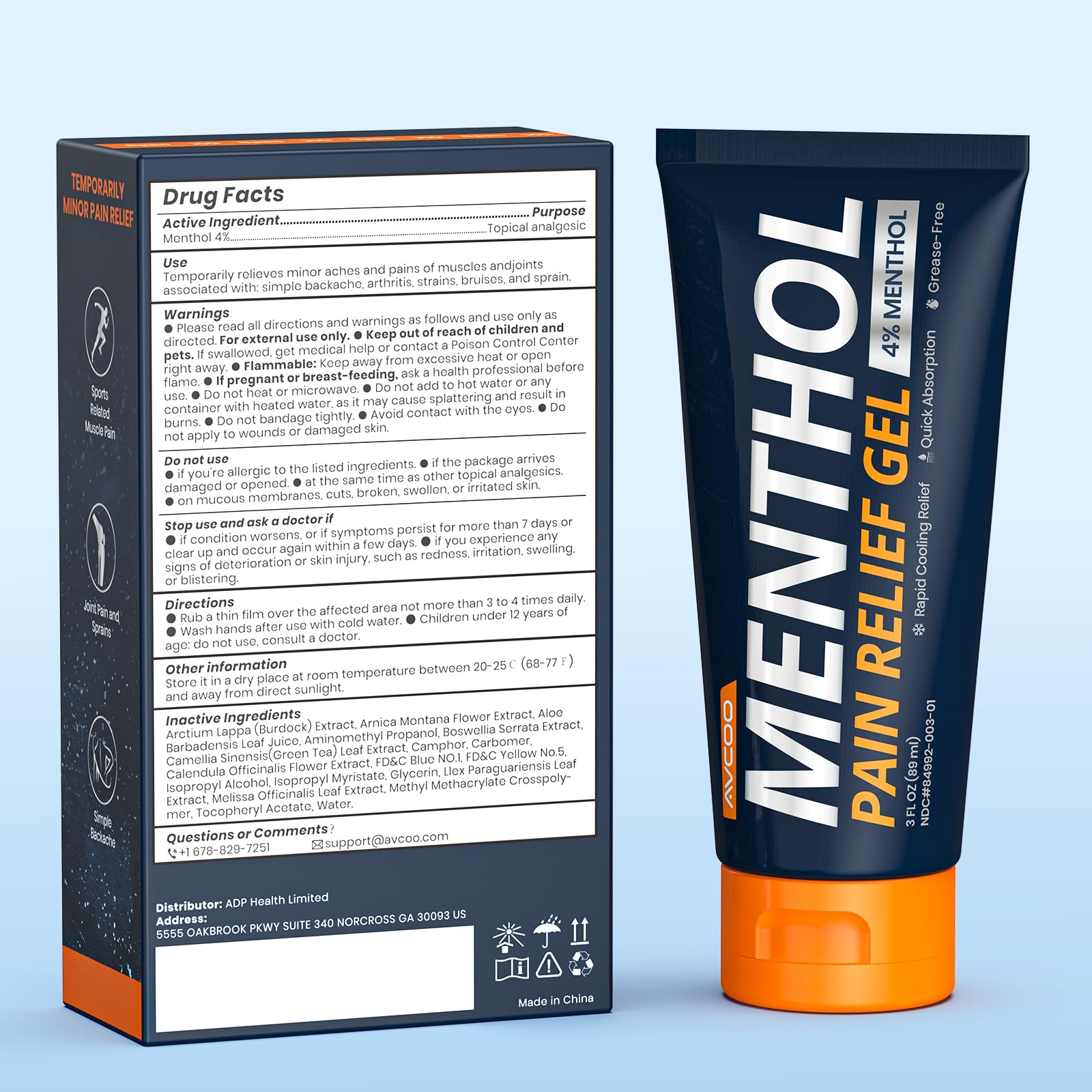 AVCOO Gel Menthol 4% - emballage compact idéal pour voyage et sac.