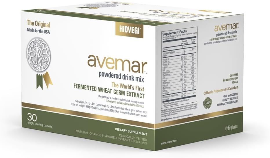 Avemar poudre fermentée sur sachet doseur, facilité de dosage quotidien.