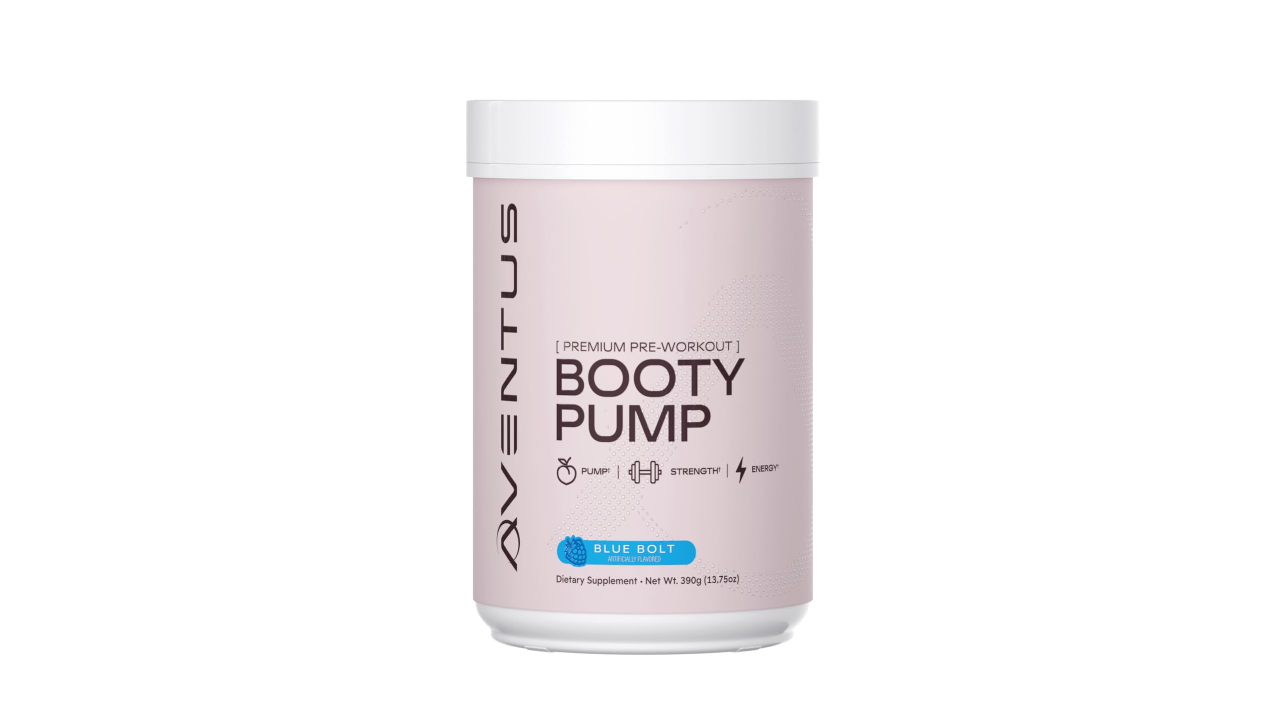 Aventus Booty Pump poudré pré-workout en bouteille, énergie et pompes potentielles.