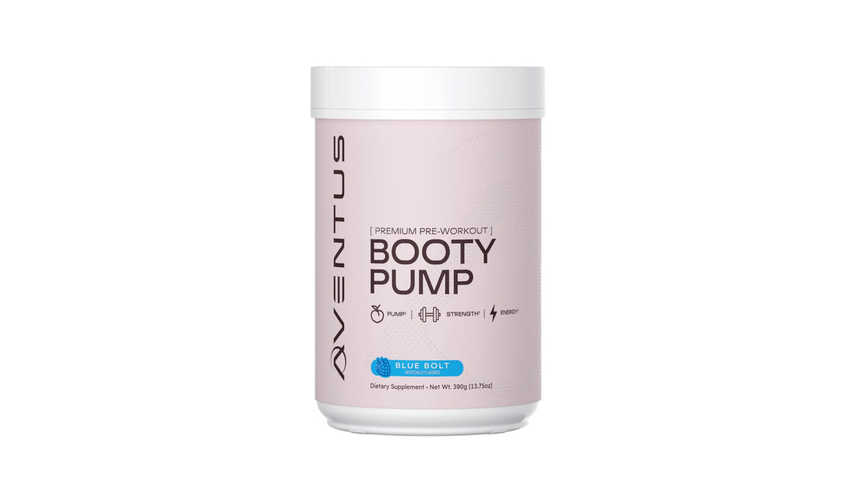 Aventus Booty Pump poudré pré-workout en bouteille, énergie et pompes potentielles.