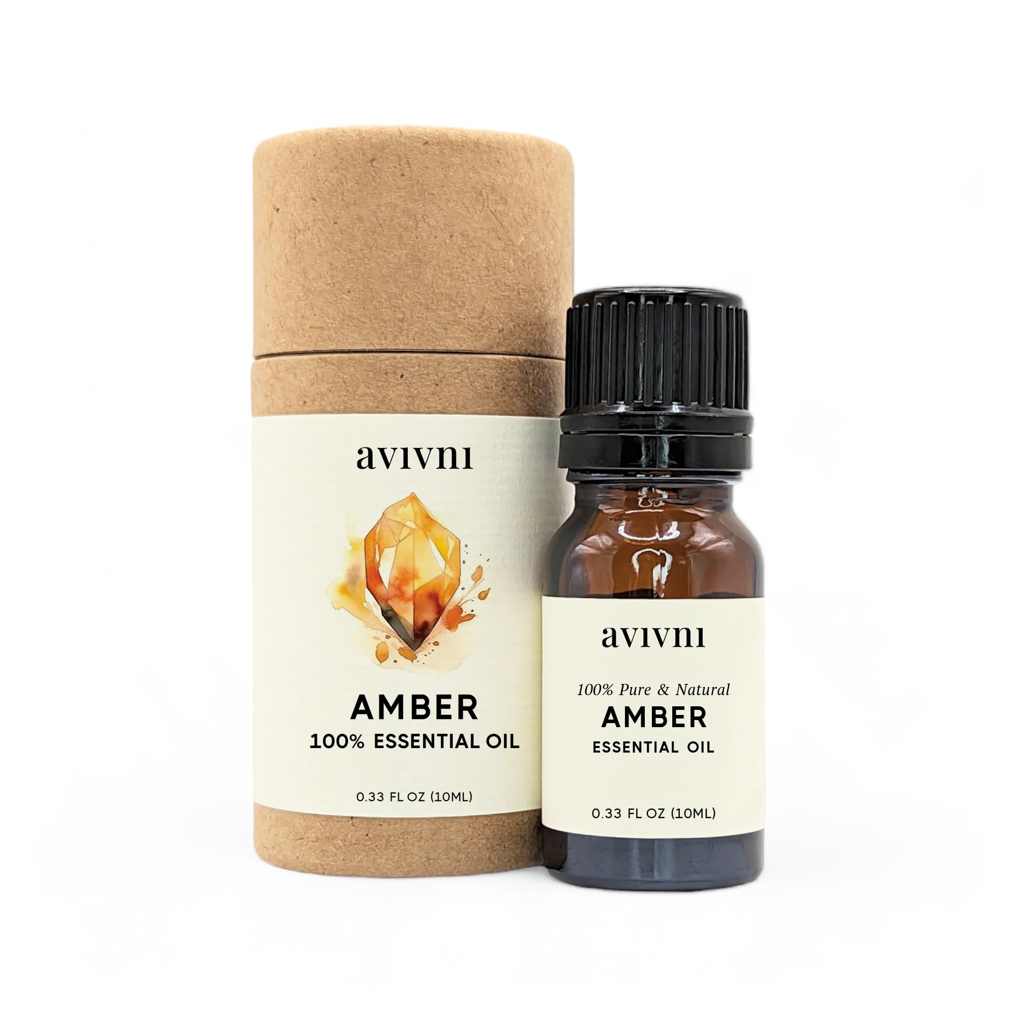 Huile essentielle Avivni Ambre, bouteille élégante pour diffusion naturelle.