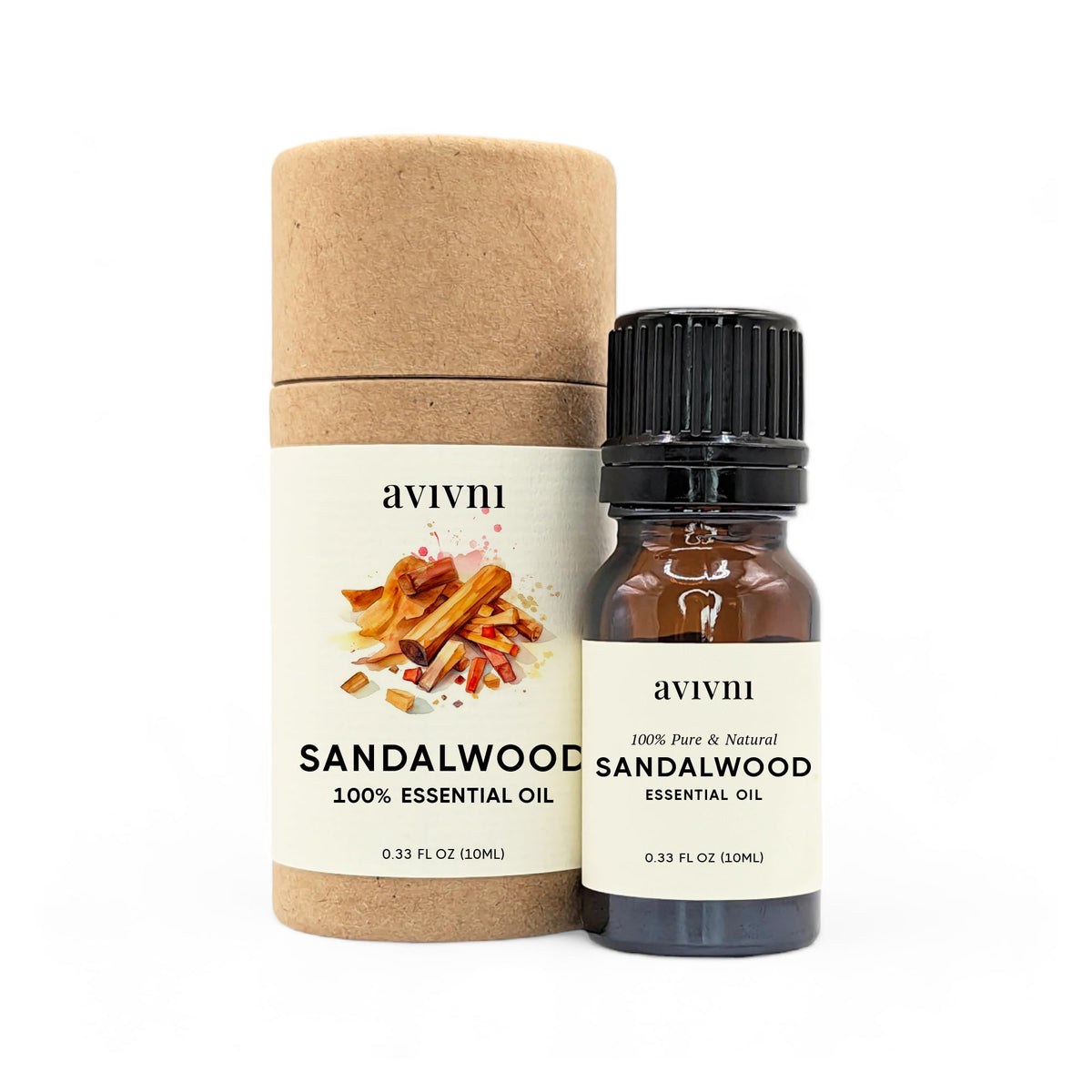 Huile essentielle Avivni Santal Australien – flacon pur et parfum boisé.