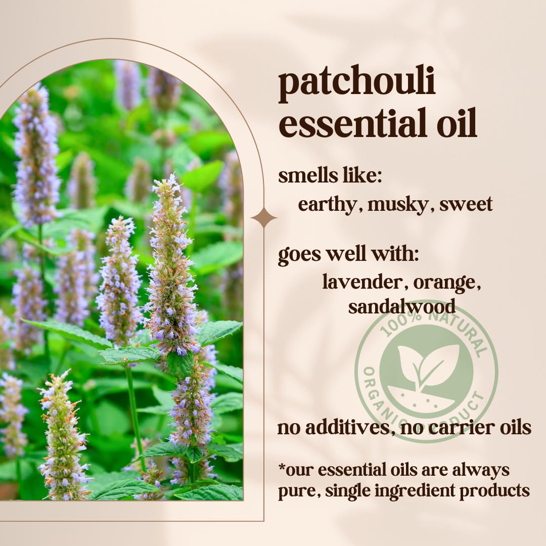 Étiquette Avivni Patchouli indiquant pureté et origine naturelle.