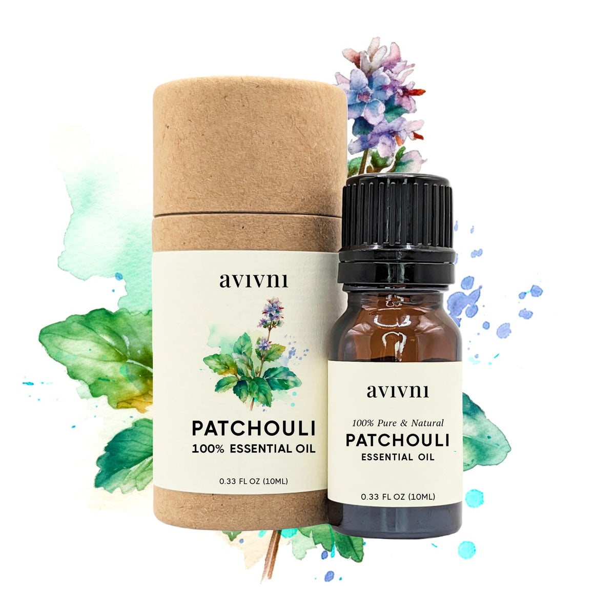 Avivni Patchouli huile bouteille 10 ml prête pour l'aromathérapie et les soins.