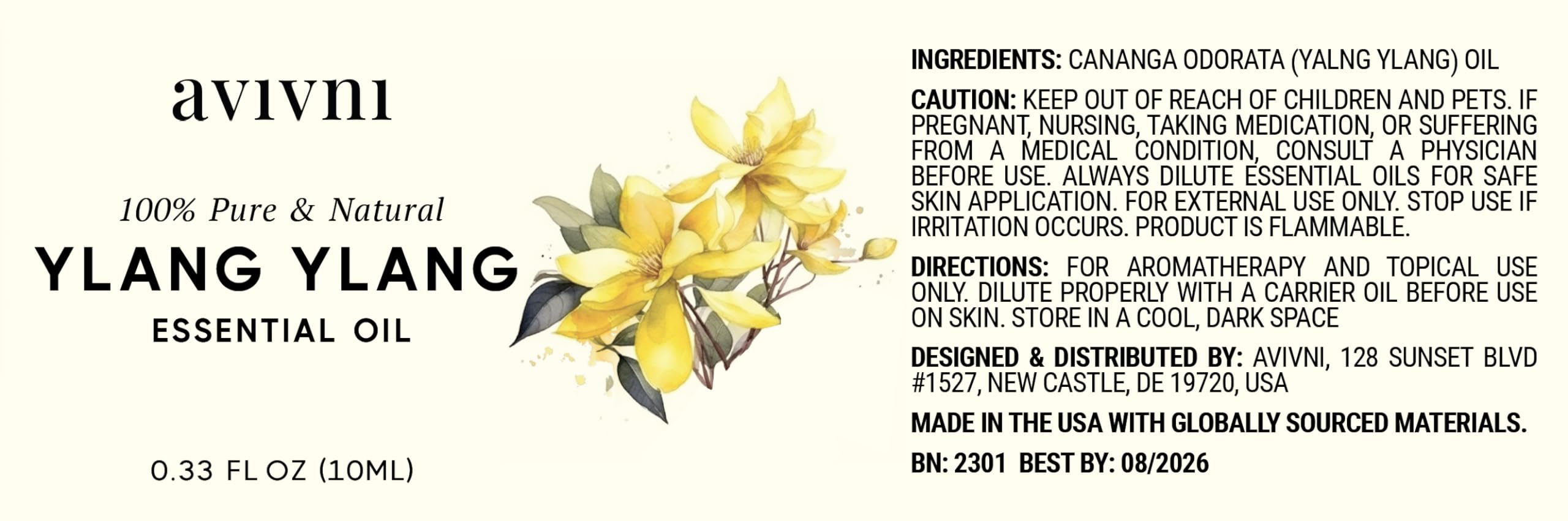 Avivni Ylang Ylang ingrédients naturels: excellente base pour soins faits maison.