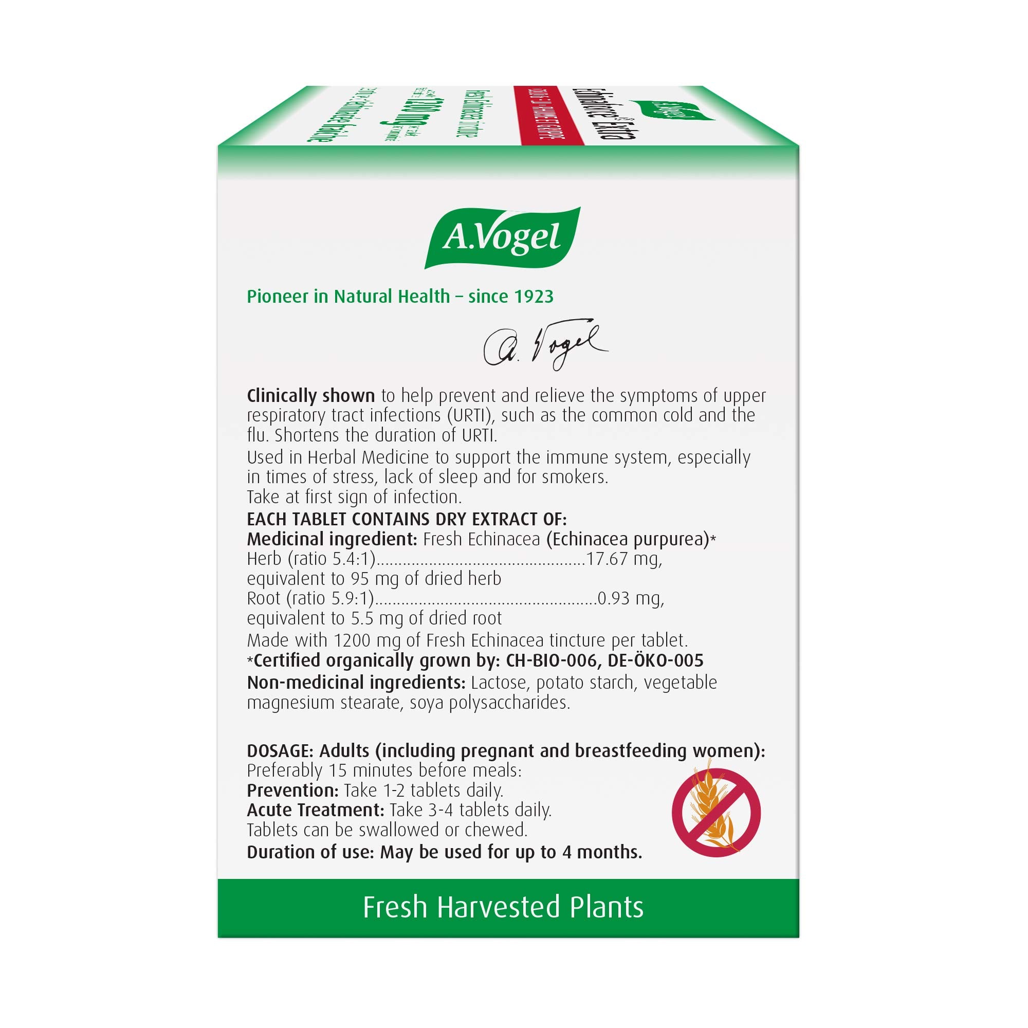 A.Vogel Echinaforce, emballage élégant, produit sans gluten et sans sucre ajouté.