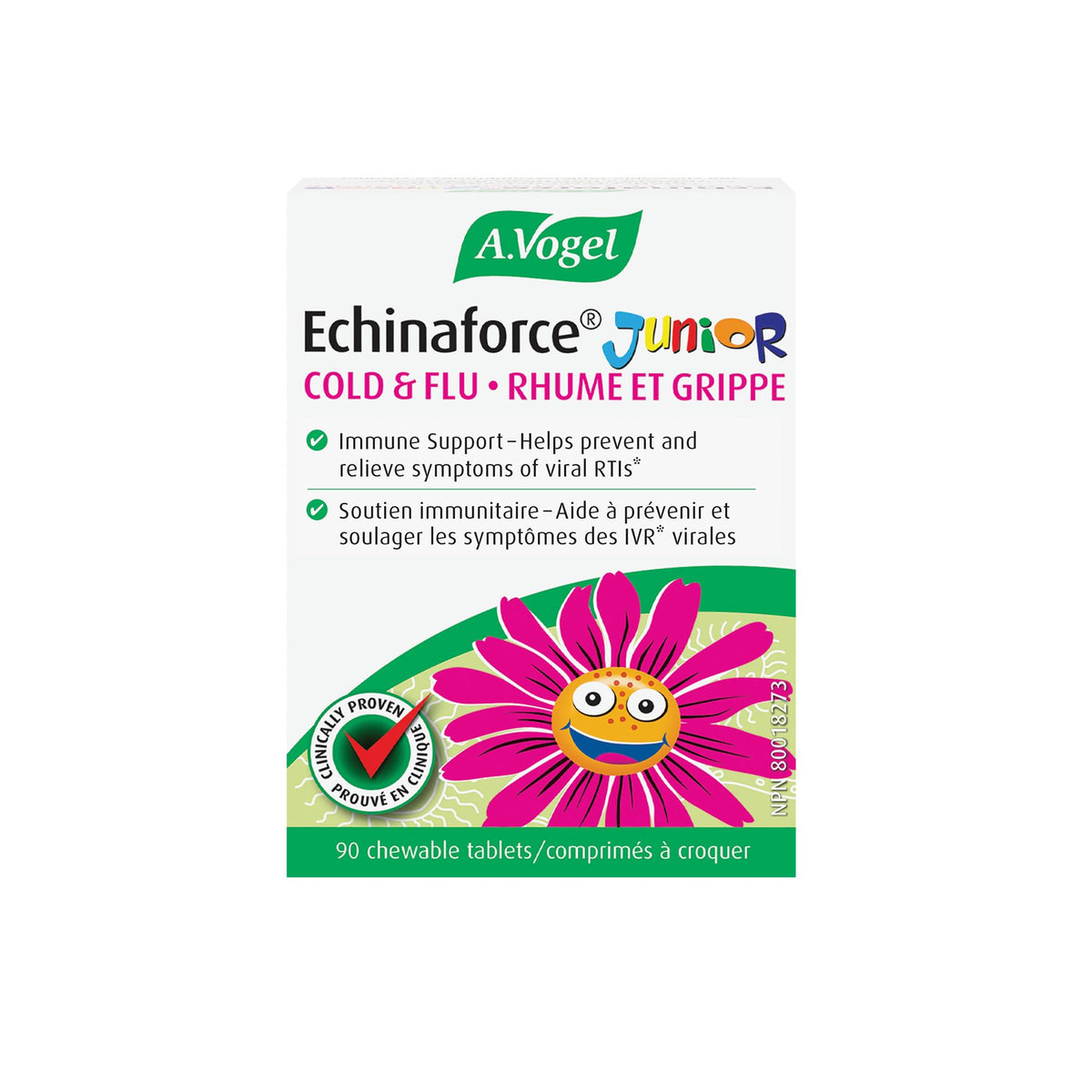A.Vogel Echinaforce Junior, tablettes à croquer orange, emballage adapté aux enfants.