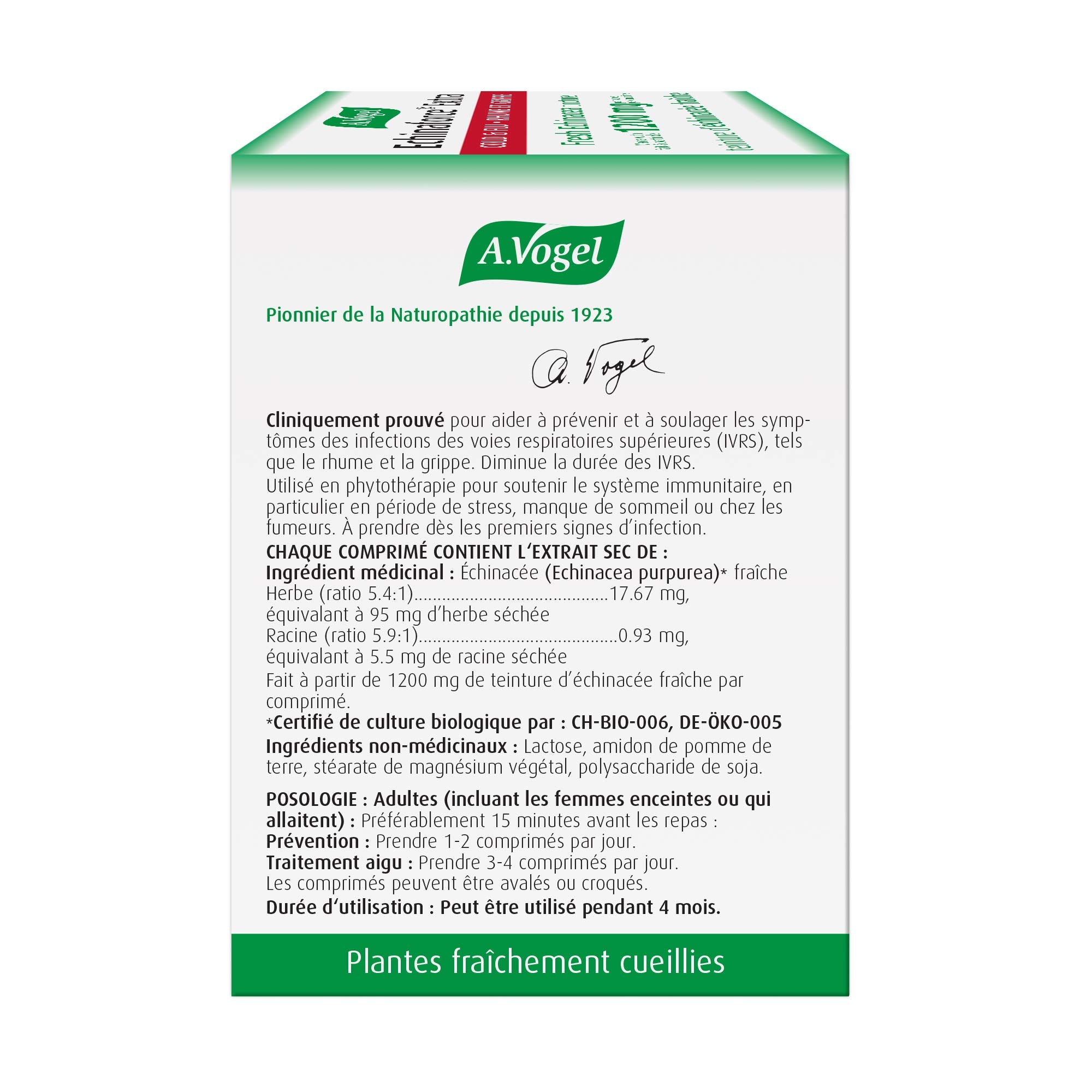 A.Vogel Echinaforce, dosage pratique, peut être envisagé pendant grossesse/allaitement selon avis médical.