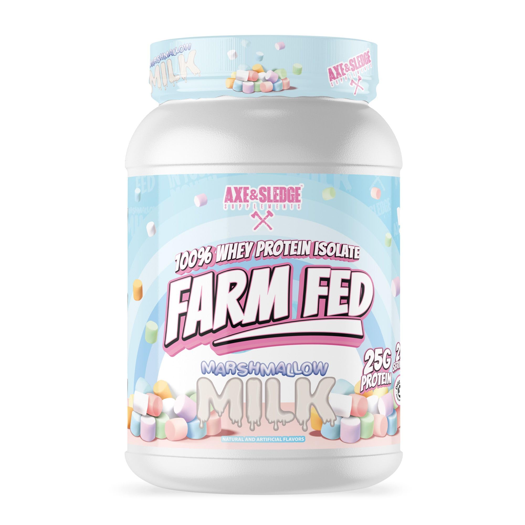 Gros plan sur la bouteille Farm Fed isolat whey Axe & Sledge prête à utilisation et récupération.