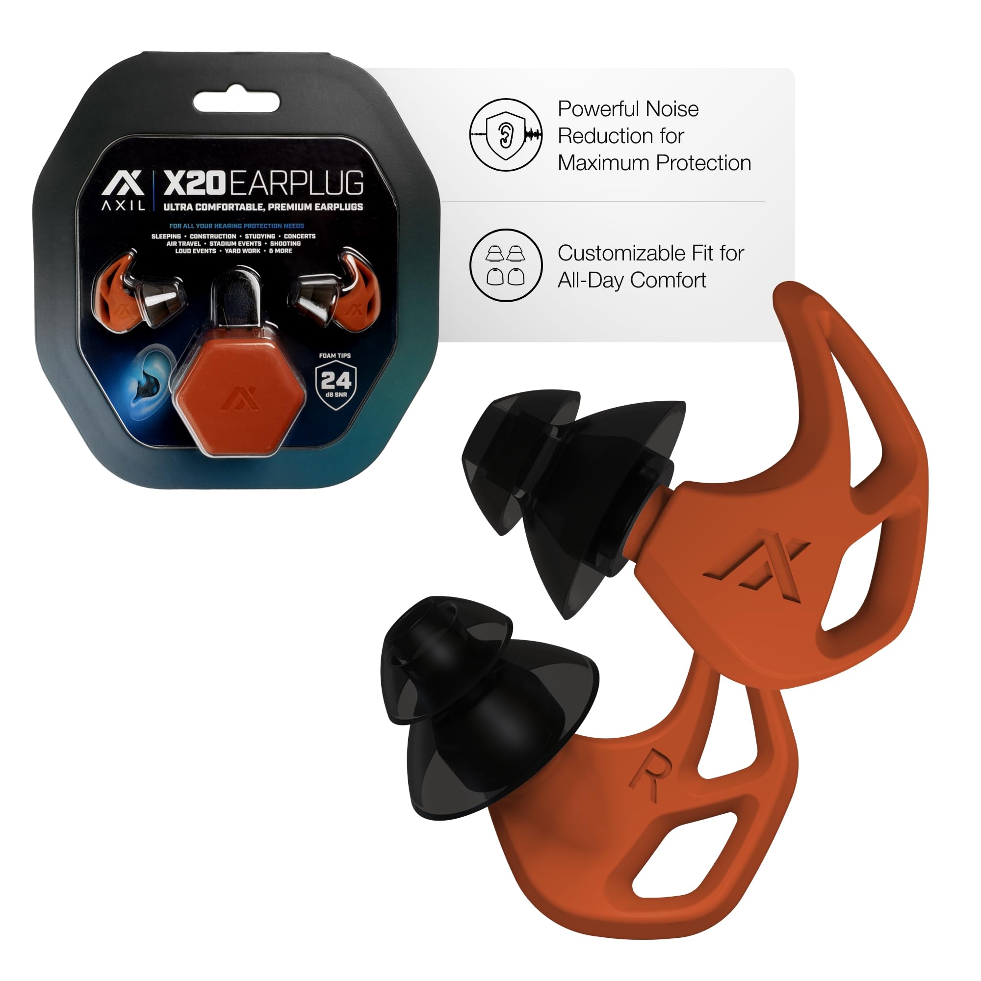 AXIL X20 bouchons d’oreilles réduisant le bruit pour dormir et voyager.
