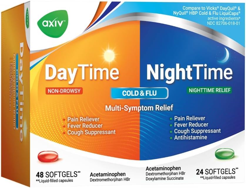 AXIV Day & Night – bouteille jour pour soulager fièvre et mal de gorge sans somnolence.