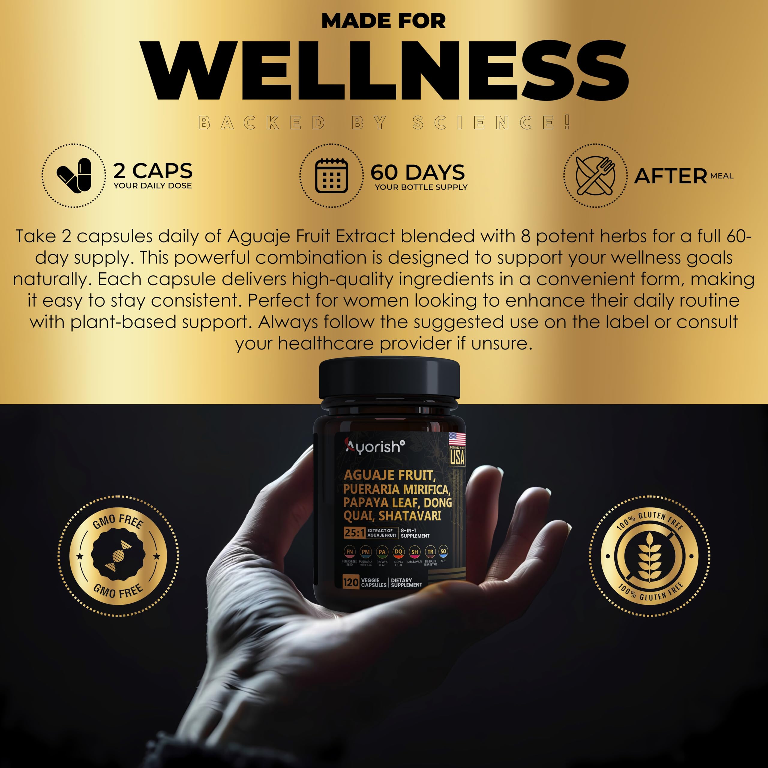 Emballage Ayorish 120 capsules: pratique et refermable.