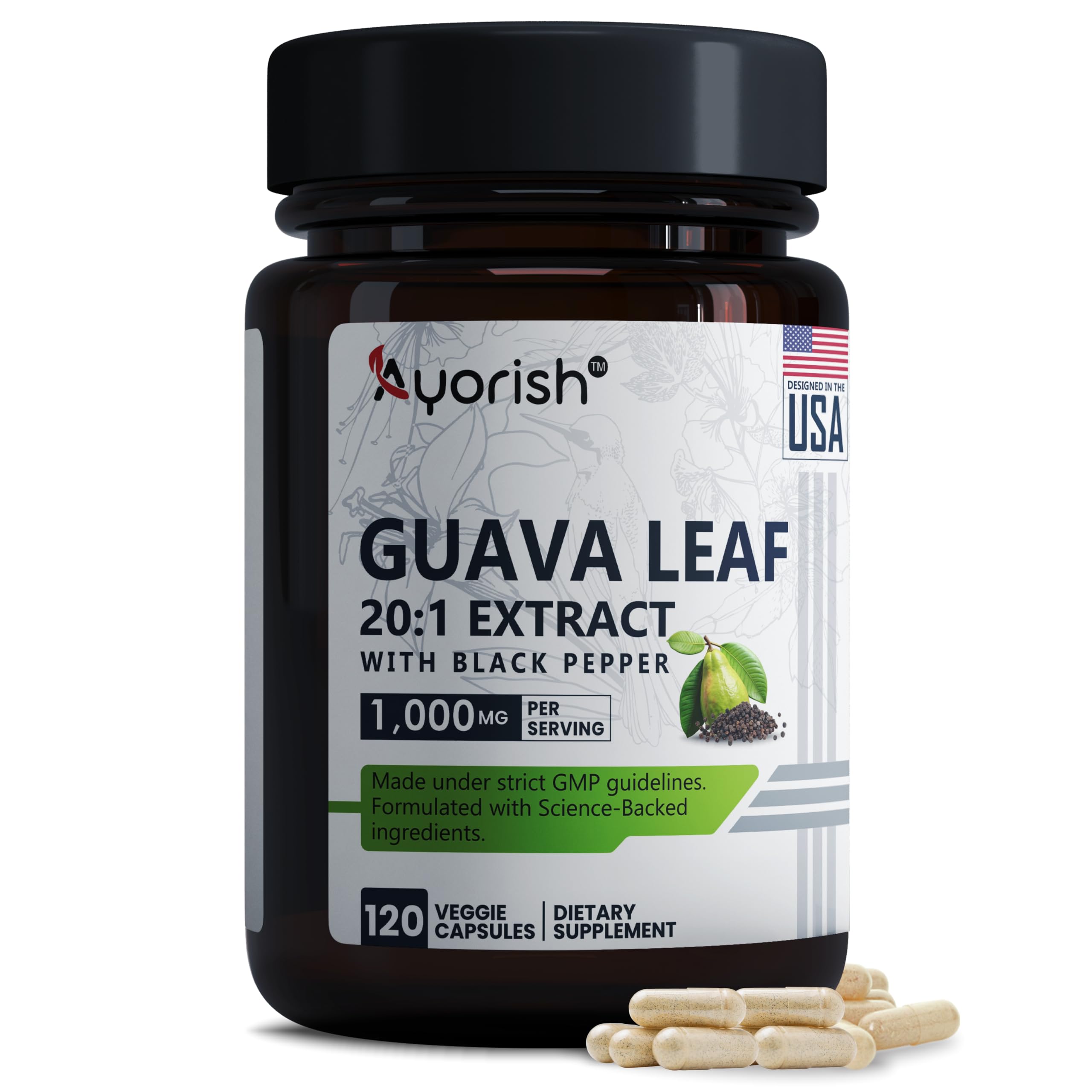 Ayorish Extrait Feuille Goyave 20:1 en capsules, absorption potentielle améliorée.