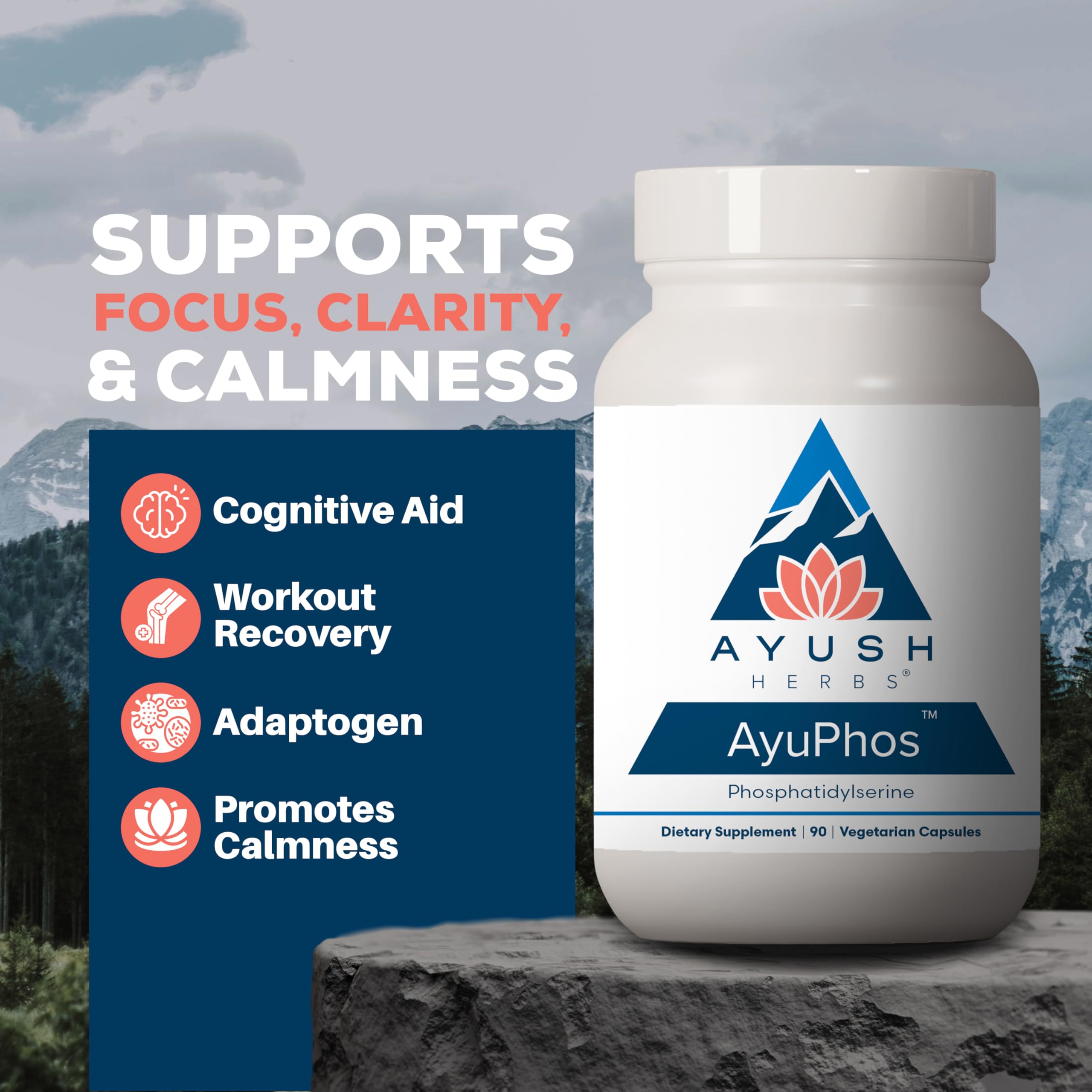AyuPhos: capsules végétariennes près de la boîte, favorisant la mémoire et l'attention.