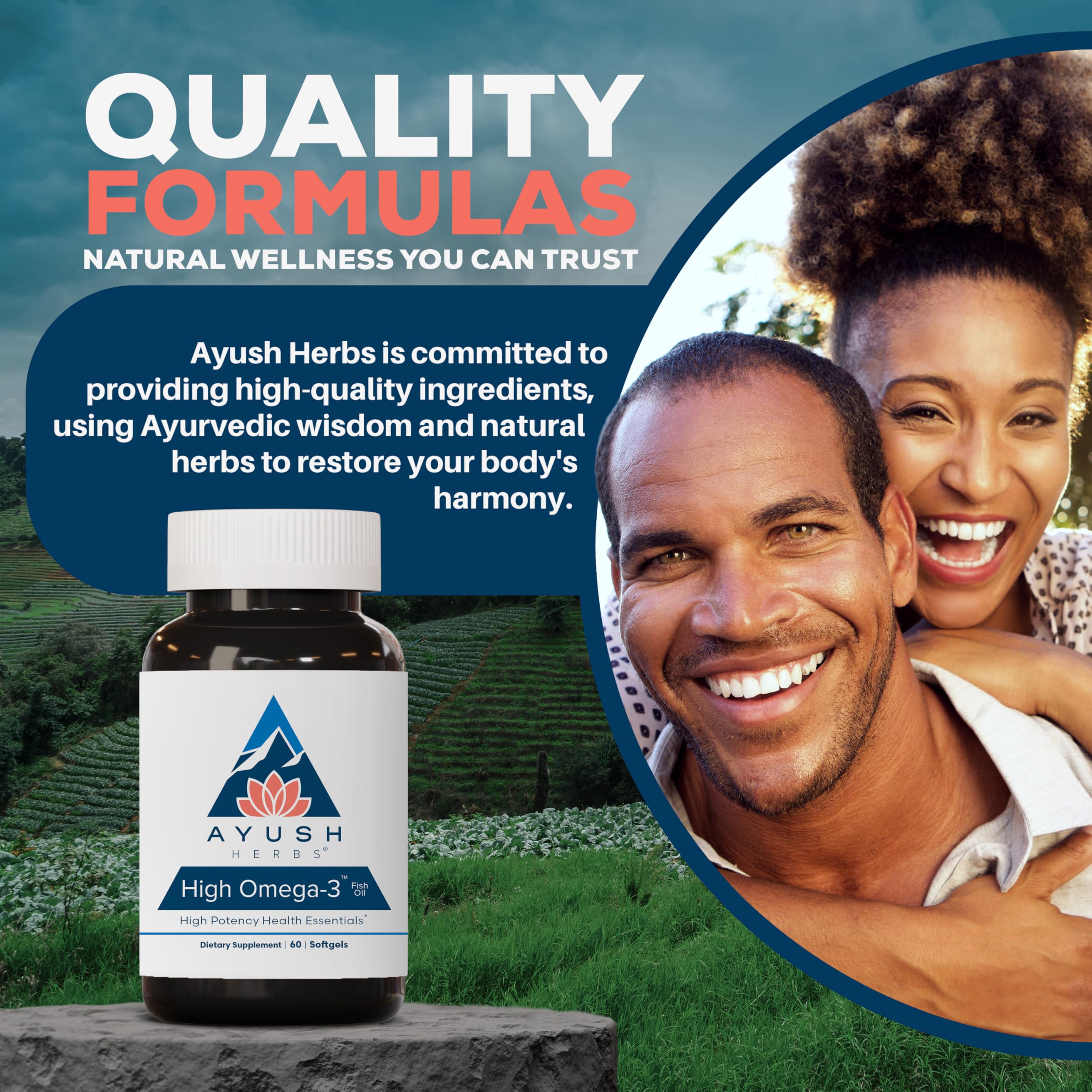 Boîte de 60 gélules Ayush Herbs High Omega 3 prête à être intégrée dans votre routine.