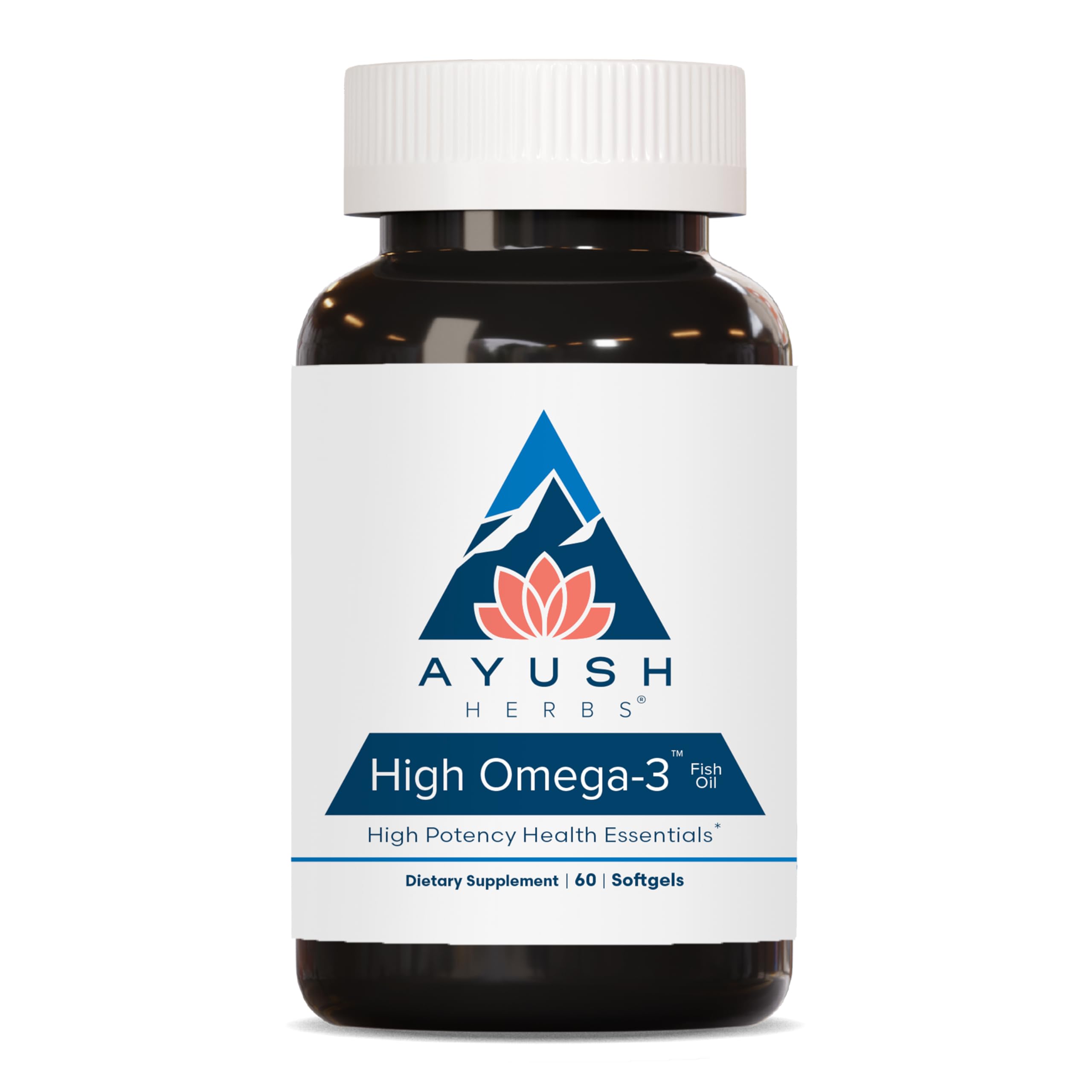 Ayush Herbs High Omega 3 – bouteille et étiquette, peut soutenir le bien-être général grâce aux EPA et DHA.