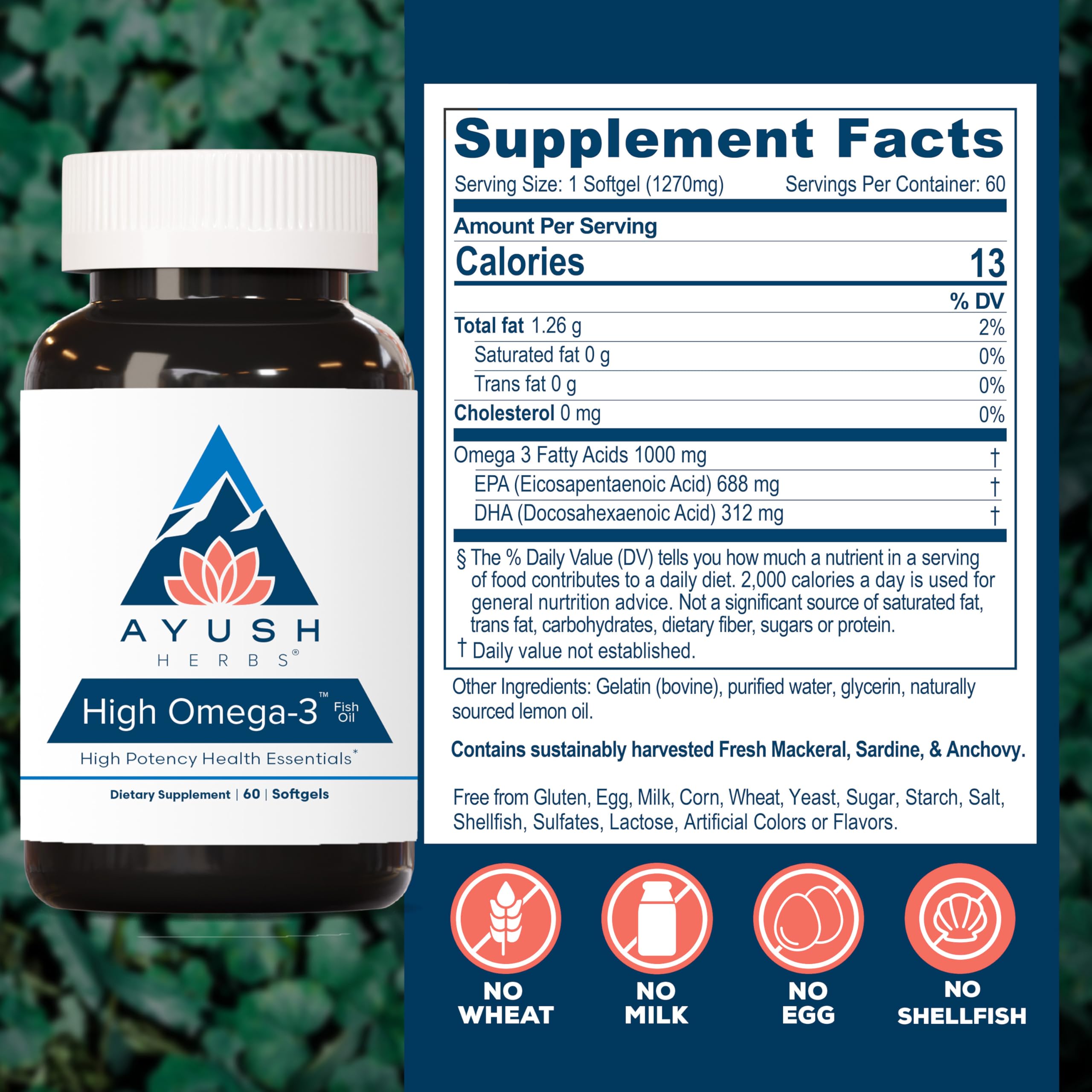 Formule docteur Ayush Herbs High Omega 3, pensée pour un usage quotidien sans allergènes.