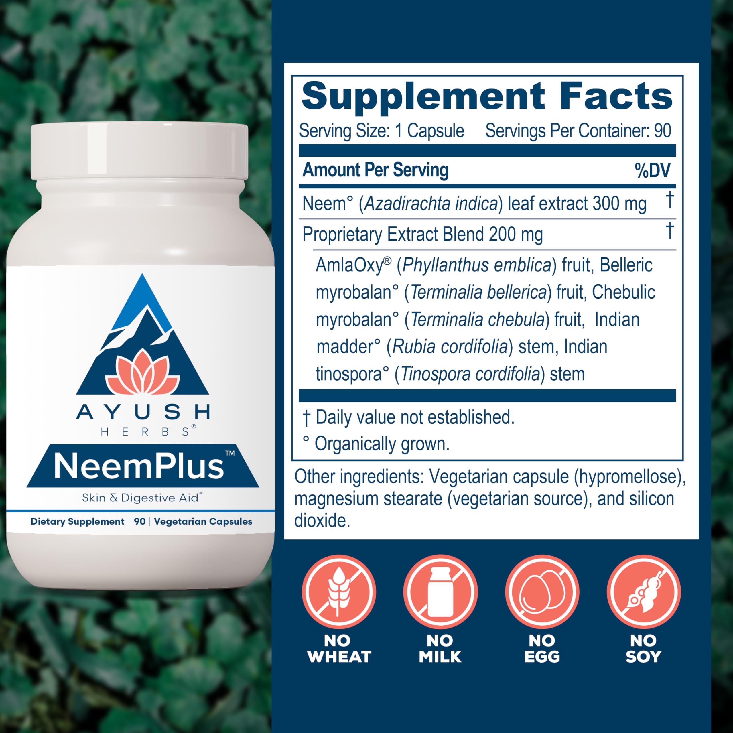 Étiquette Ayush Herbs Neem Plus promettant immunité et peau radieuse.