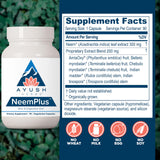 Étiquette Ayush Herbs Neem Plus promettant immunité et peau radieuse.