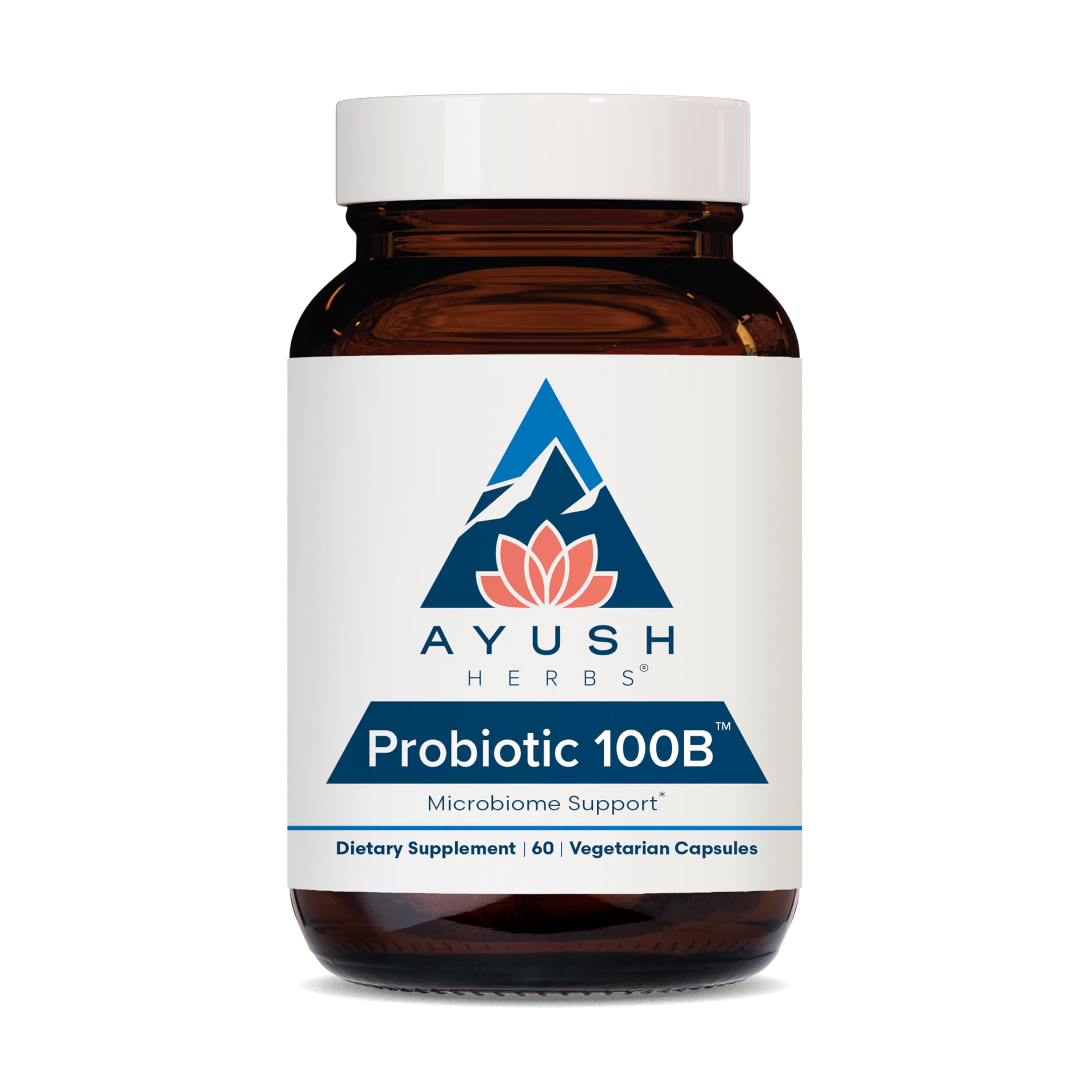 Ayush Herbs Probiotic 100B - bouteille montrant le produit, soutien digestif potentiel.