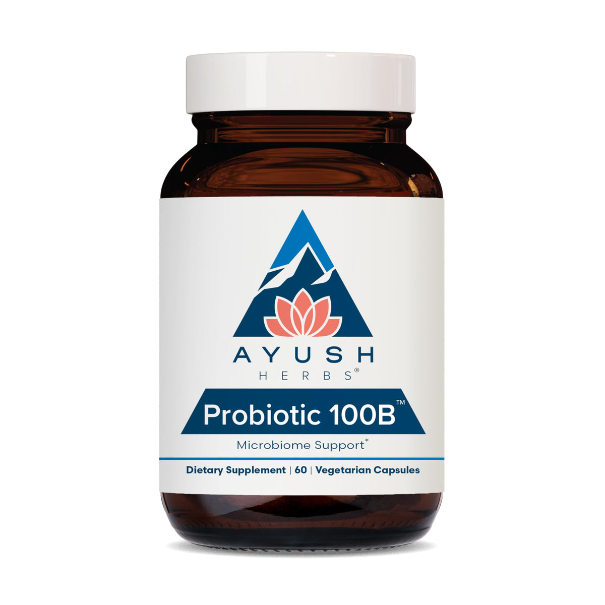 Ayush Herbs Probiotic 100B - bouteille montrant le produit, soutien digestif potentiel.