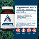 Ayush Herbs Probiotic 100B - étiquette lisible rappelant les bienfaits prébiotiques et probiotiques.