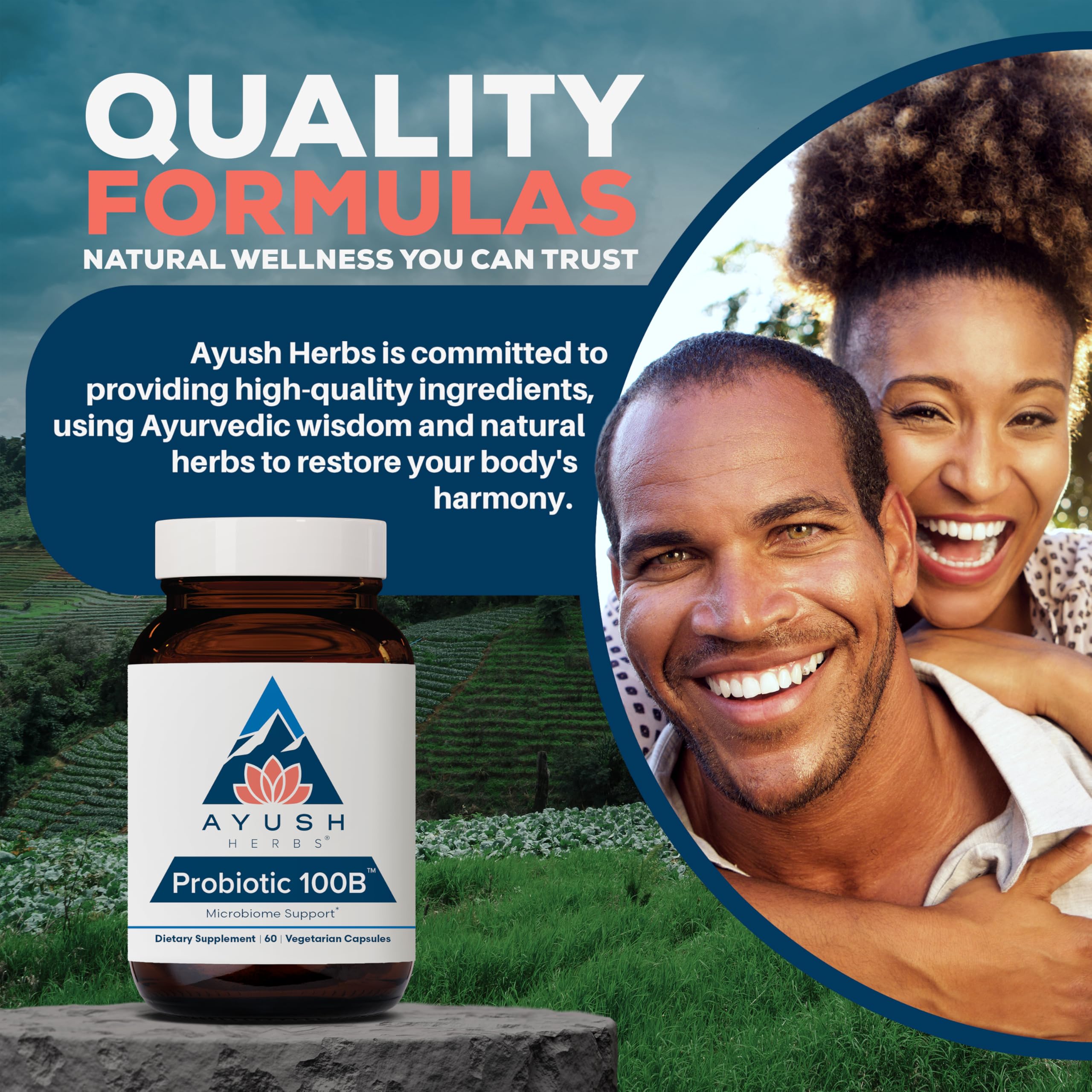 Ayush Herbs Probiotic 100B - formule sans gluten, sans œuf, sans lait et sans soja.