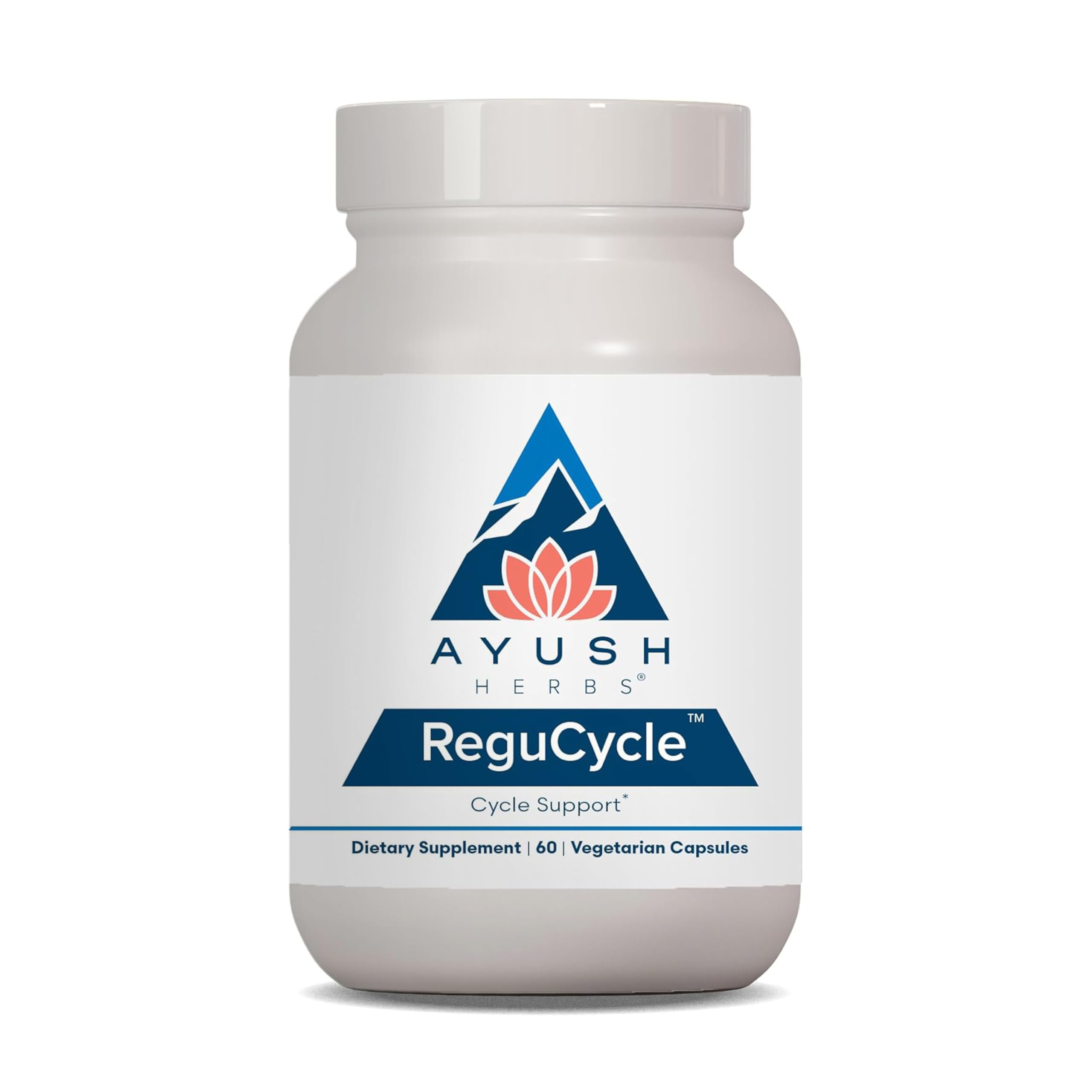 Ayush Herbs Regu-Cycle capsules — soutien hormonal tout au long du cycle.