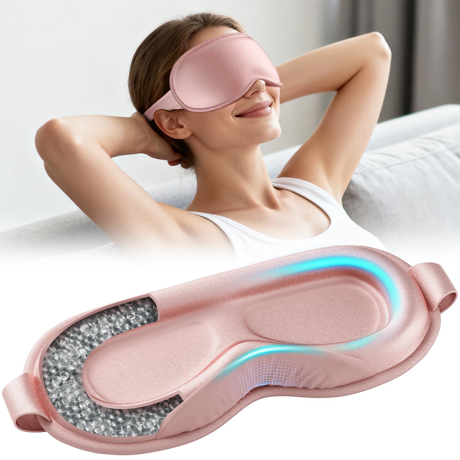 Masque de sommeil Azang rose, vue face-avant, occultation enveloppante et confortable.