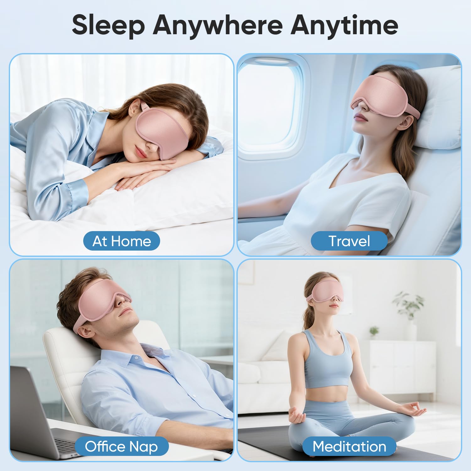 Utilisation du masque Azang au bureau pour sieste rapide et reposante.