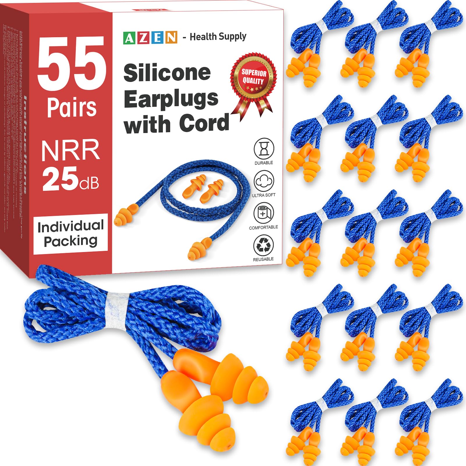 AZEN bouchons d'oreilles en silicone avec emballage individuel pour une hygiène renforcée.