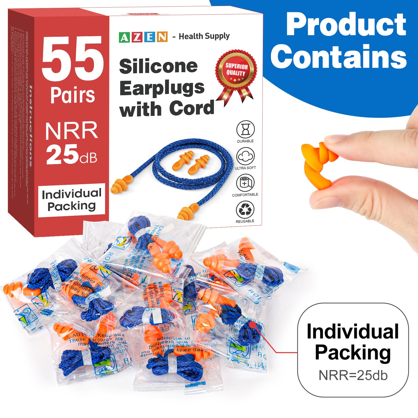 AZEN bouchons d'oreilles silicone avec cordon, faciles à emporter et à porter autour du cou.