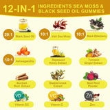 Liste des ingrédients clés affichée: nigelle et mousse d’Irlande pour le bien-être.