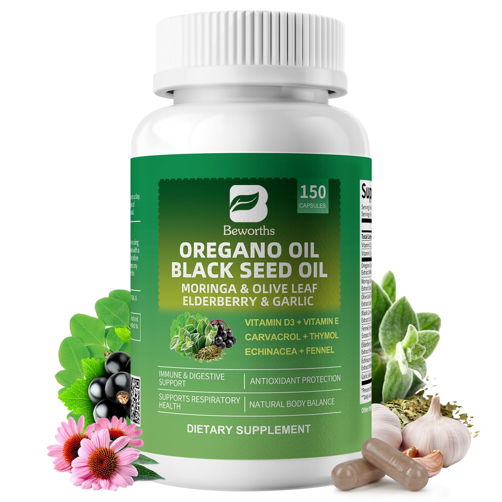 B BEWORTHS huile d'origan et nigelle en bouteille pour usage quotidien.