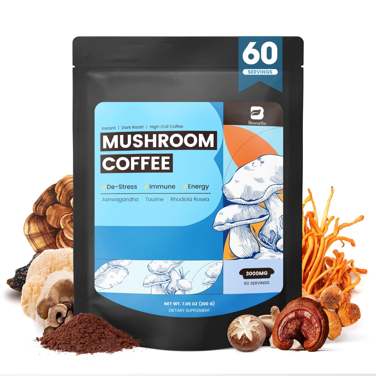 B BEWORTHS Poudre Café Champignons Ashwagandha pour énergie équilibrée et concentration.