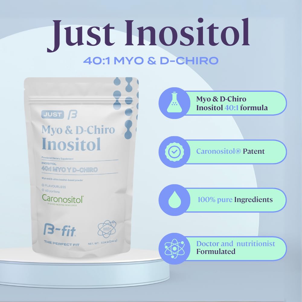 Poudre B-FIT Inositol se dissolvant facilement dans l'eau dans un verre.