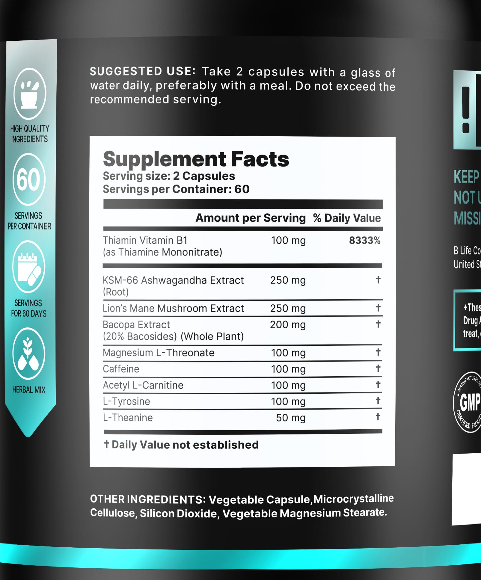 Capsules Lion's Mane de B Life Company favorisant clarté cognitive et concentration.
