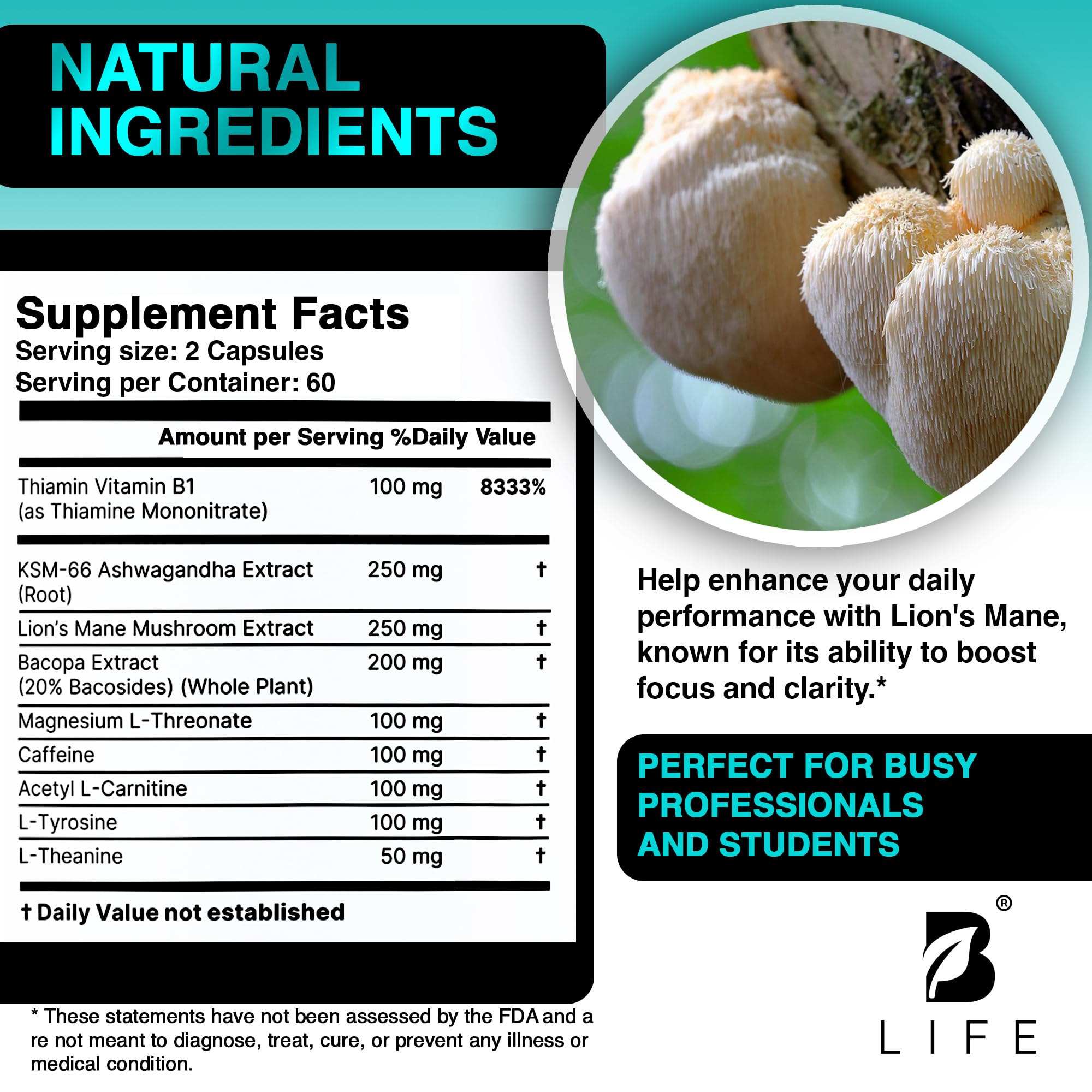 Lion's Mane vegan de B Life Company sans OGM, usage quotidien.