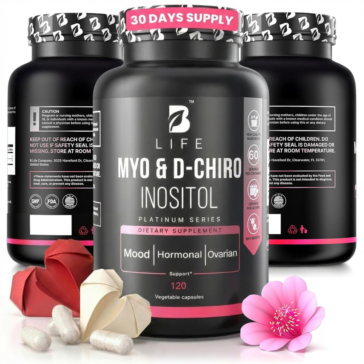 B Life Company Myo-Inositol & D-Chiro Inositol 40:1 – bouteille prête à l’emploi, soutien hormonal possible.