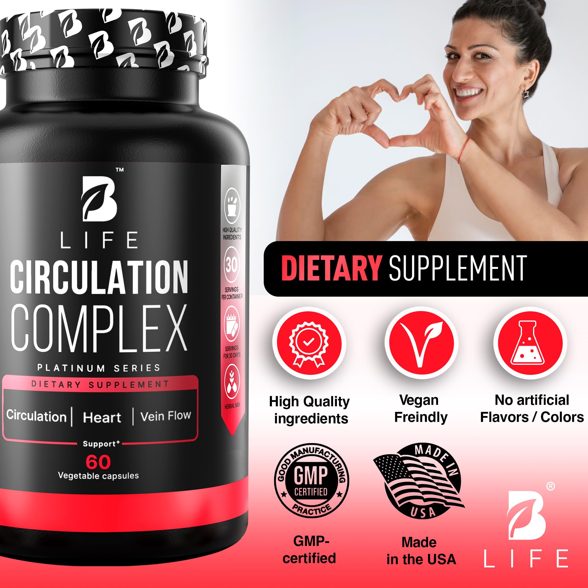 B Life Company – L-arginine et résveratrol pour favoriser l’oxyde nitrique et la circulation.