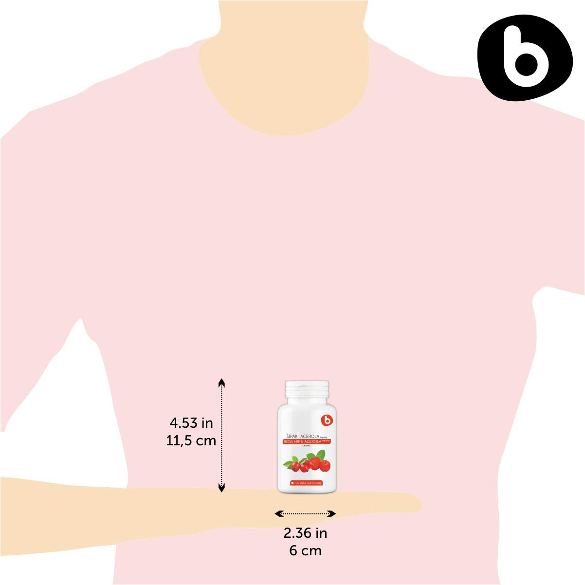 B Natural RoseHips & Acerola – emballage avec logos GMP et vegan