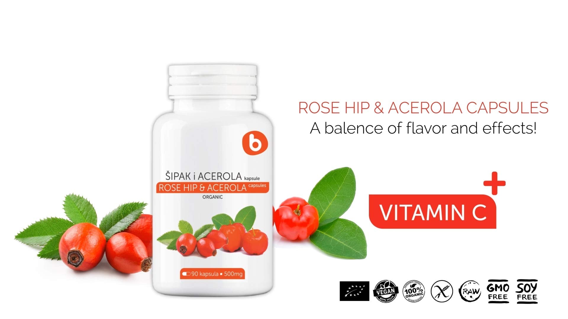 B Natural RoseHips & Acerola – gélules dans cuillère, dosage pratique